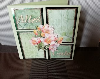 Birthday card in green for a woman with pink flowers