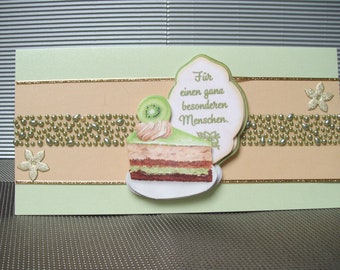 Birthday card for a woman in mint green with a piece of cake