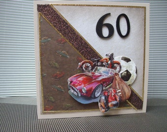 Geburtstagskarte zum 60 für einen Mann mit rotem Sportwagen, Motorrad und Sportartikeln