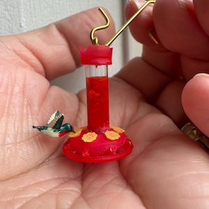 Tiny Hummingbird Feeder with Miniature Ruby Throated Hummingbird Ornament