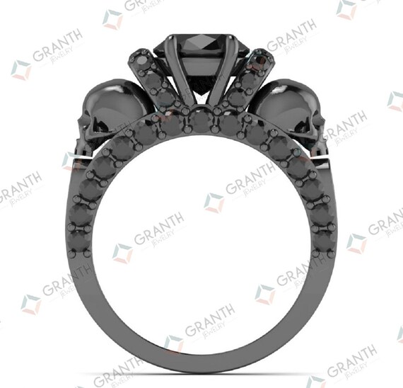 Gothic Two Skull Punk Ring 2.15 ct Black Round Cut CZ Engagement Ring Set 925 Sterling Silver