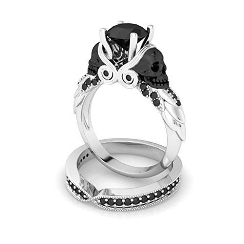 Gothic Two Skull Punk Ring 2.15 ct Black Round Cut CZ Engagement Ring Set 925 Sterling Silver