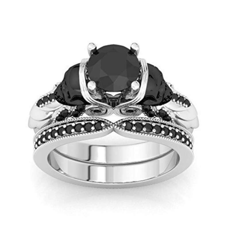 Gothic Two Skull Punk Ring 2.15 ct Black Round Cut CZ Engagement Ring Set 925 Sterling Silver