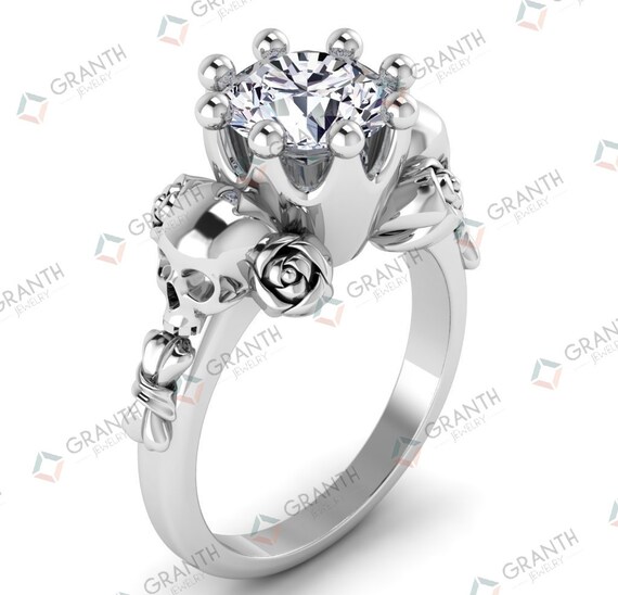 Gothic Two Skull Punk Ring 2.15 ct Black Round Cut CZ Engagement Ring Set 925 Sterling Silver