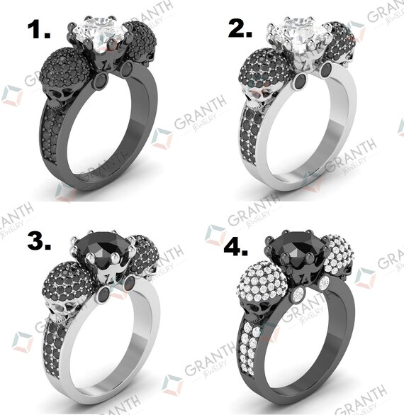 Gothic Two Skull Punk Ring 2.15 ct Black Round Cut CZ Engagement Ring Set 925 Sterling Silver