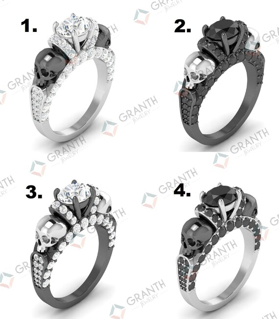 Gothic Two Skull Punk Ring 2.15 ct Black Round Cut CZ Engagement Ring Set 925 Sterling Silver
