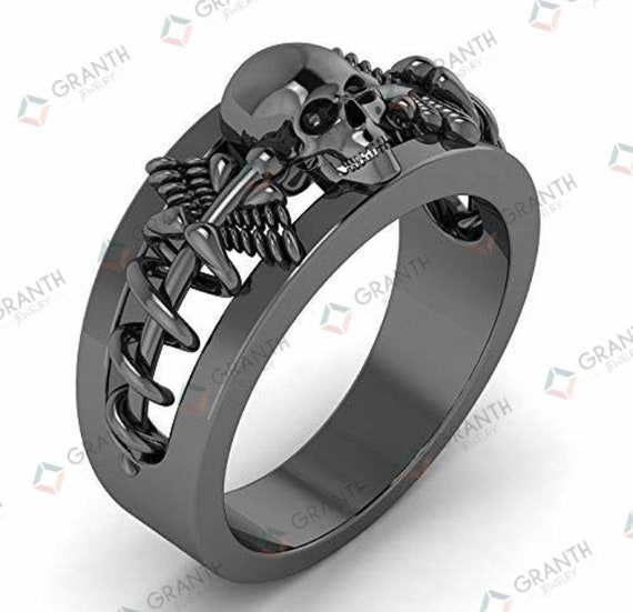Gothic Two Skull Punk Ring 2.15 ct Black Round Cut CZ Engagement Ring Set 925 Sterling Silver