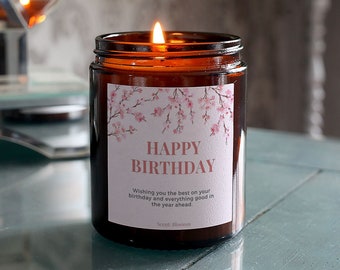 Cherry Blossom Gift, Personalised Birthday Candle with Customised Message Label, Includes Gift Box & Matches