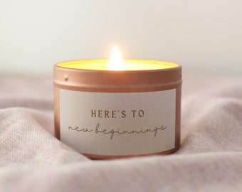 Here's To New Beginnings Tin Candle for New Job, Promotion or Housewarming gift