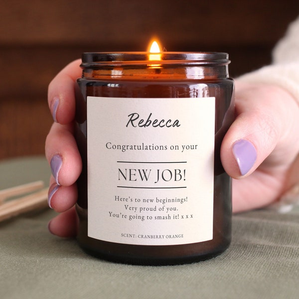 Personalised New Job Gift Scented Candle for Friend and Family Customised Message label, Includes Gift Box & Matches