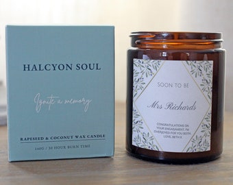 Engagement Gift Candle with Personalised Label, Soon To Be Mrs, with Gift Box & Matches