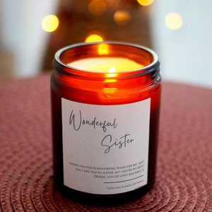 Present for Sister Muted Script Candle, Wonderful Sister Personalised Label Message with Gift Box & Matches