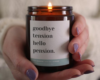Funny Retirement Gift, Leaving Job Candle, Goodbye Tension Hello Pension, with Gift Box & Matches