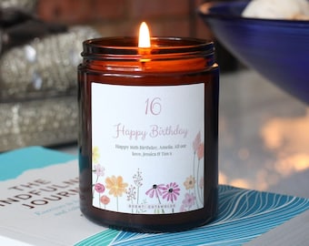 Happy 16th Birthday Candle Gift Personalised Floral Candle with Customised Label Message