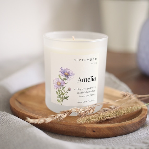 Personalized Birth Flower Candle: Frosted Soy Wax Birthday Gift