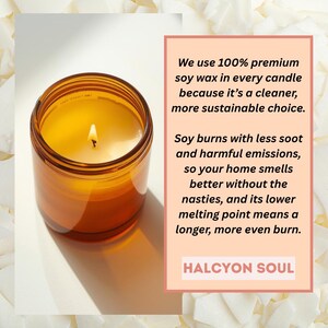 May include: A lit soy wax candle in a clear amber glass jar. The text on the image reads: "We use 100% premium soy wax...HALCYON SOUL."