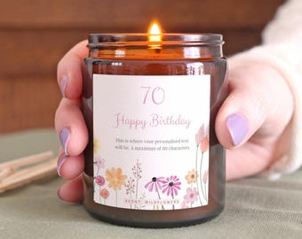Personalised 70th Birthday Gift Soy Candle for Her Mum Nan Sister Nan Auntie
