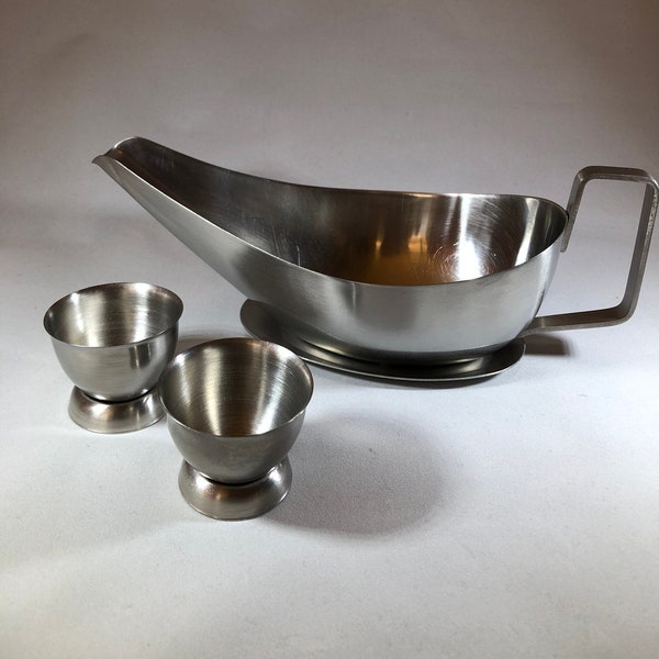 Vintage Stainless Steel Gravy Boat with stand Mid Century, plus 2 Stainless Steel Egg Cups