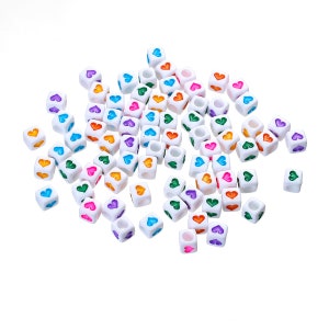 50 x Acrylic Beads Heart Cube White Colorful 6 mm