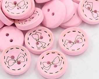 12 x wooden buttons bow pink 20 mm