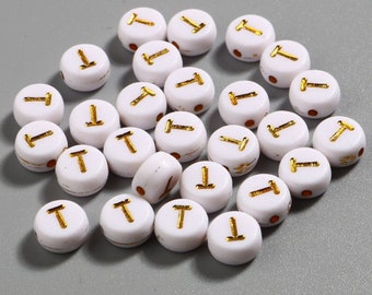 50 x Acrylic Beads Letter T White Gold 7mm