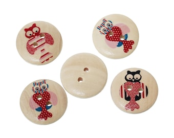 12 x wooden buttons Owl Red 20 mm