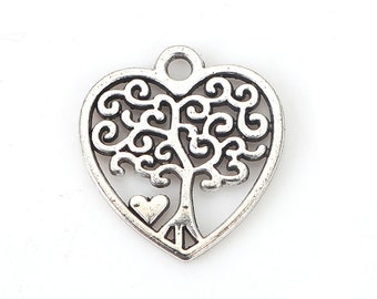 10 x Pendant Heart Tree Silver 18 x 17 mm