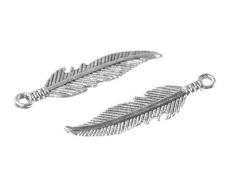 10 x Pendant Feather Silver 27 x 7 mm