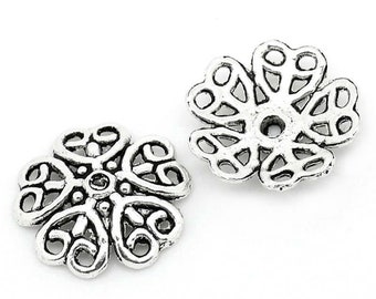 10 x Perlenkappen Blumen Silber 18x19mm