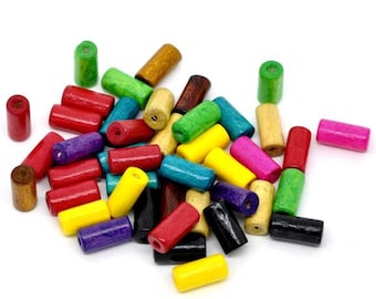 100 x wooden beads cylinder bunt 12 x 6 mm