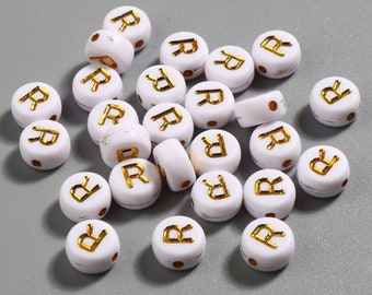 50 x Acrylic Beads Letter R White Gold 7mm