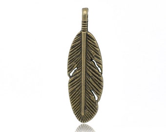 5 x Pendant Feather Bronze 30 x 9 mm