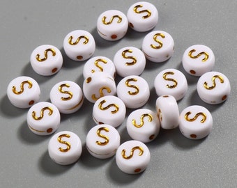 50 x Perles Acryliques Lettre S Or Blanc 7mm