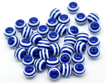 20 x perles de résine bleu rayé 10 mm