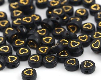 50 x Perles Acrylique Coeur Or Noir 7 mm