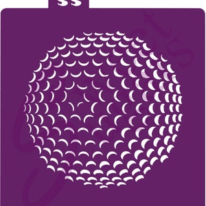 Könnte beinhalten: Eine violette Schablone mit einem weißen Design eines Golfballs mit einer genoppten Oberfläche.