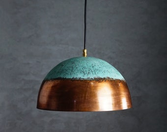 Farmhouse Pendant Lights For Kitchen Island, Oxidized Copper Pendant Light, Patina Copper Hanging Lampshade, Art Deco
