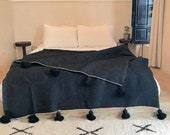 Beautiful Moroccan Pompom Blanket,Moroccan blanket,Boho Blanket,bedroom blanket,moroccan throw blanket, Bed Cover Black