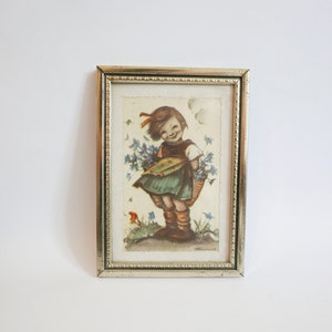 ヴィンテージの額入りフンメル絵画（少女、花、鳥）、ベルタ・フンメル、シャビーシックな装飾、ドイツから発送