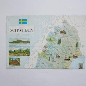 Vintage map Sweden, German Merian travel magazine excerpt, wall hanging decoration,  SHIPPING FROM GERMANY