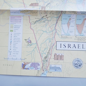 Vintage map of Israel, German Merian travel magazine excerpt, small size wall hanging decoration, SHIPPING FROM GERMANY