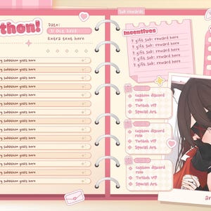 May include: Pink digital planner with the text "Subathon!" and a list of goals, incentives, and a timer. The planner includes a drawing of a woman in a red jacket. The date is October 2024.