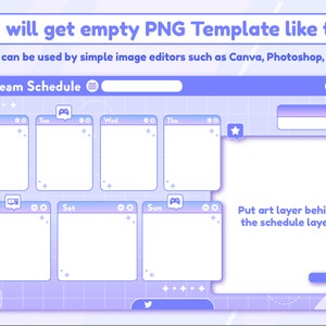 May include: A purple and white digital planner template with a grid layout and a blank space for each day of the week. The template includes icons for a video camera, a game controller, and a star. The text "Stream Schedule" is at the top of the template.