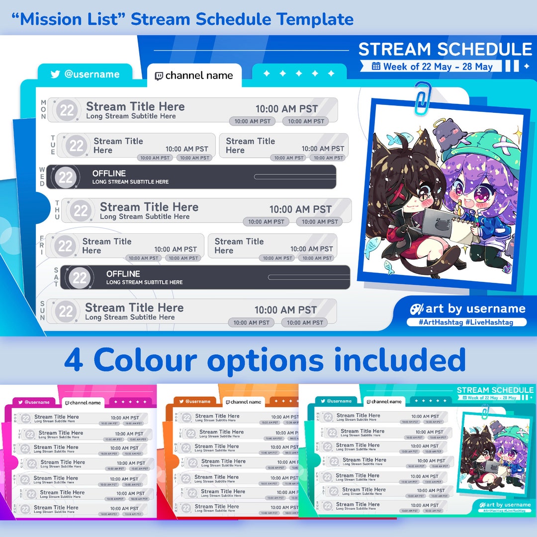 Streamlist Examples Mission List - Stream Schedule Template (4 Colours) - Etsy