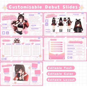 Pode incluir: Um modelo de slides de estreia personalizável em rosa e branco com texto, cor e layout editáveis. O modelo inclui seções para "Sobre mim", "Referência do modelo", "Curtidas", "Não gostos", "Metas", "Hashtag" e "Créditos".