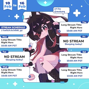 Könnte beinhalten: Ein farbenfroher Zeitplan für einen Twitch-Streamer, mit einer Comicfigur mit roten Haaren und einem schwarzen und roten Outfit. Der Zeitplan enthält Stream-Zeiten und -Titel für jeden Tag der Woche, von Montag, dem 10. Februar, bis Sonntag, dem 16. Februar. Der Text "art by @metunq" befindet sich oben rechts.