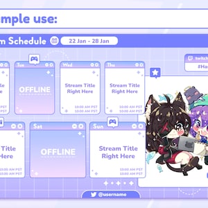 May include: A purple and blue streamer schedule template with a light purple background. The schedule is for the week of January 22nd to January 28th. Each day of the week has a box with a title, time, and a small icon. The template also includes a space for a Twitch username and hashtag, as well as a space for a Twitter username. The template is decorated with stars and other small details.