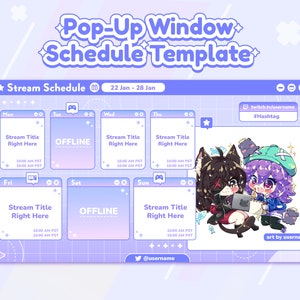 Peut inclure: Un modèle de planning de diffusion Twitch violet et bleu avec un graphique de deux personnages d'anime. Le modèle comprend les jours de la semaine, les heures et un espace pour les titres de diffusion. Le texte "twitch.tv/username" et "#Hashtag" sont inclus dans le modèle.