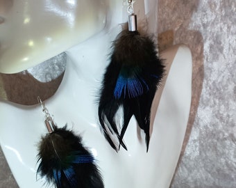 Feather earrings, 14 cm, cross feathers, peacock pluck, silver sleeve, black, gothic, earrings, earrings, feather jewelry, decorative feathers