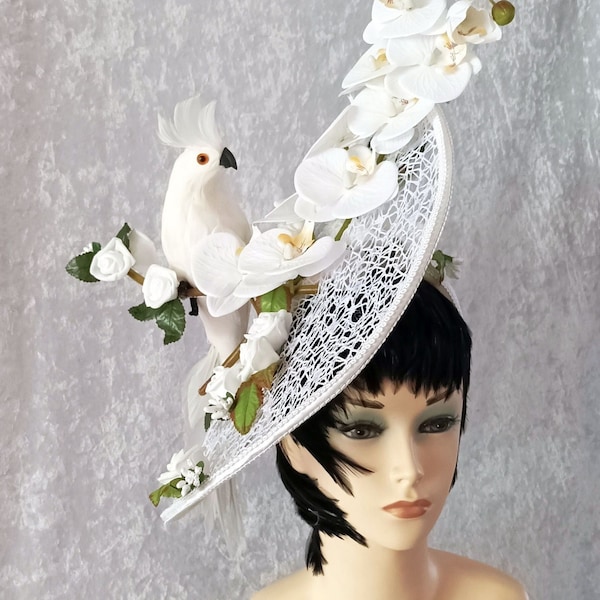White Orchids, White Parrot, Designer Hat, Fascinator, Ascot Hat, Kentucky Derby Hat, Melbourne, Dubai Race Hat, Wedding Hat